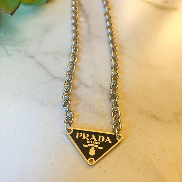 Prada Jewelry Authentic Black Prada Charm Emblem Finding On White Gold Filled Chunky